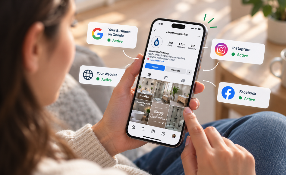 A phone showing a busy social profile with Google, website, Instagram and Facebook all marked active